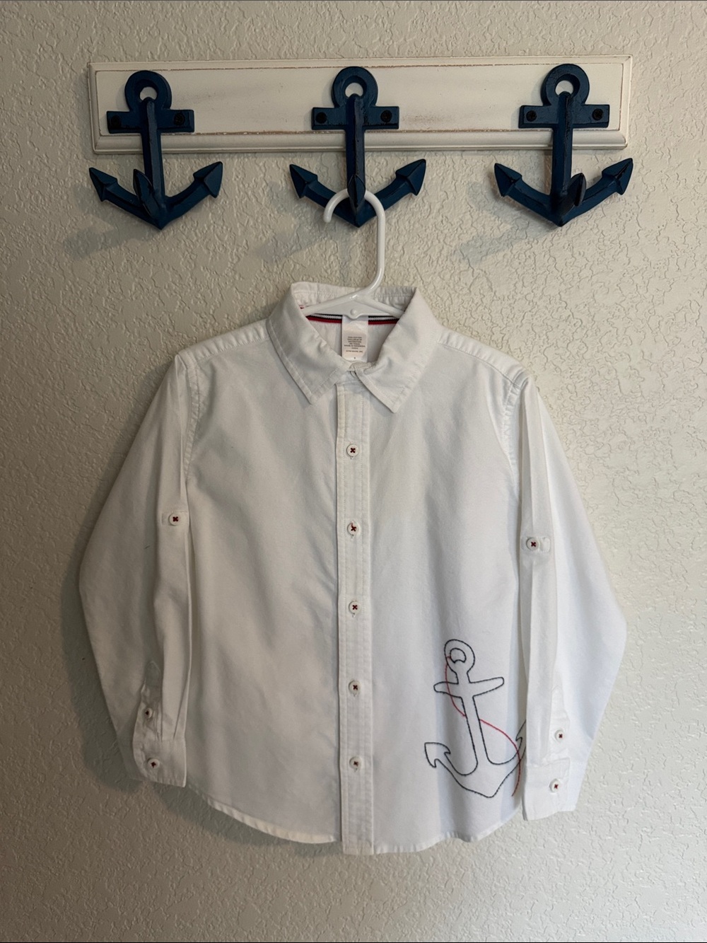 Janie and Jack White Button-Down Shirt with Anchor Embroidery